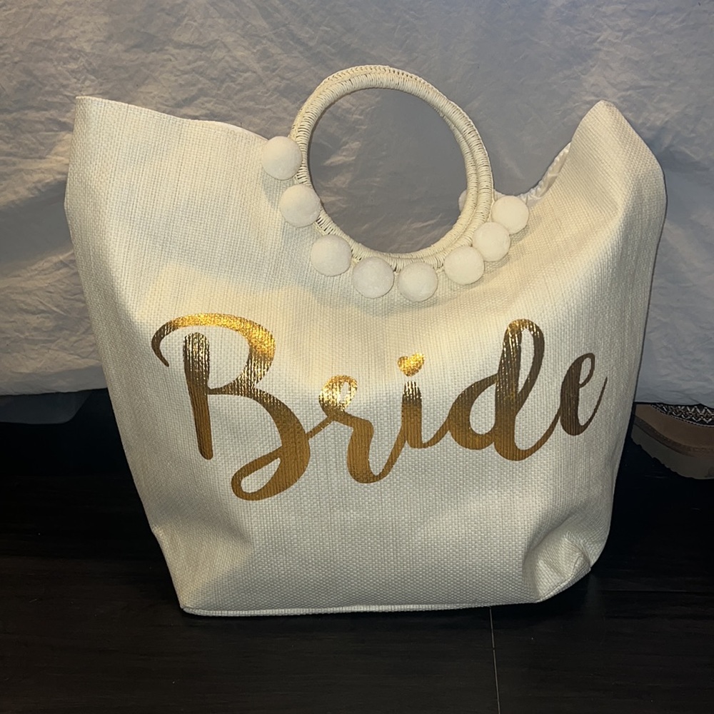 Bride tote with small pom poms